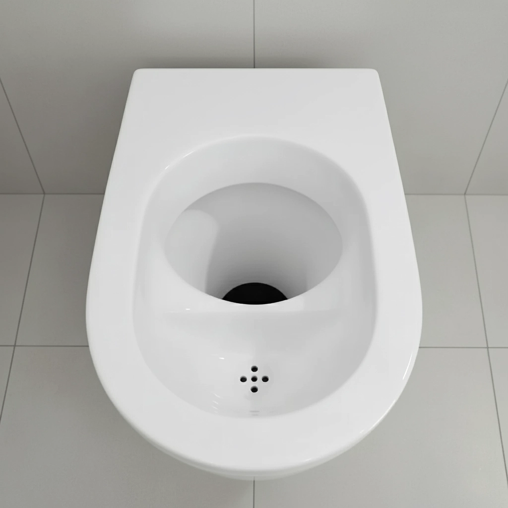 白く清潔な尿分離式乾式トイレ（UDDT）の便器を上から見た画像。便座のフタはなく、尿を分離するための小さな十字型の穴が手前に5つ並んでいる。奥には、便が地下の貯留槽へ送られることを示す暗く大きな穴が見える。背景はシンプルな薄いグレーのタイルとなっている。