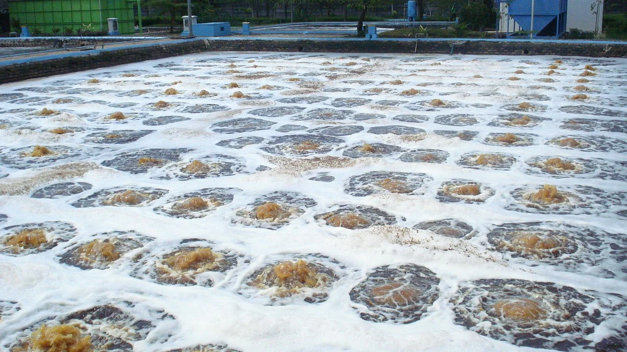 「曝気池での廃水処理の様子。機械曝気装置から空気が吹き出し、白い泡が広がる水面で有機物を分解する好気性微生物が活動している。