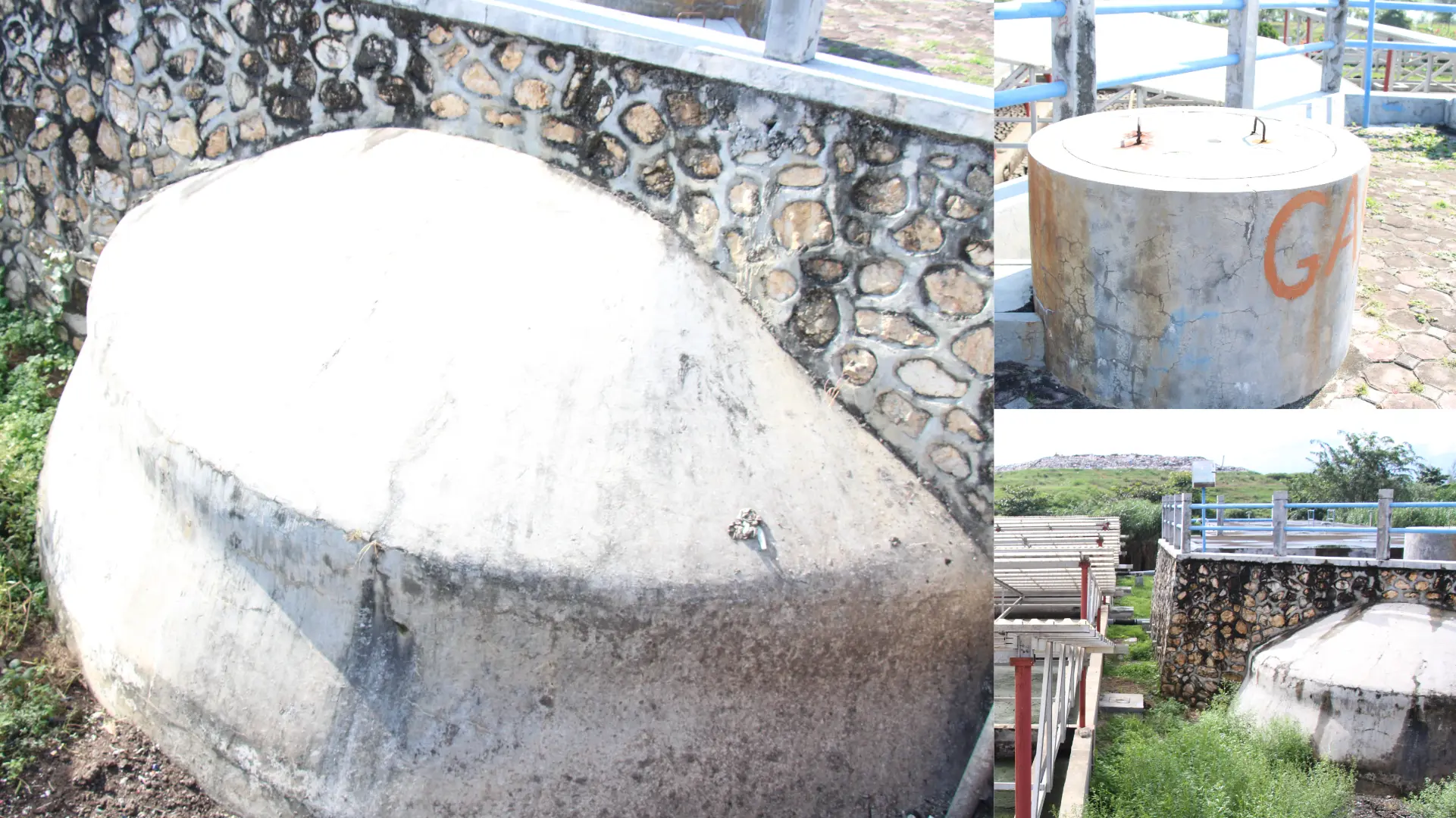 インドネシアのバンダアチェにある浄化槽汚泥処理場のバイオガスリアクター。リアクターは設備に内蔵されており、発生したガスは設備上部にあるガス取り出し口から取り出せるようになっている。