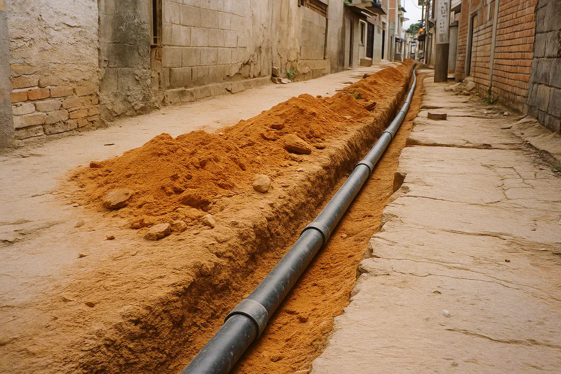 人口過密な都市部の細い路地で、劣化したコンクリート舗装を掘り返し、深さ約50センチの溝にPVC管を敷設している簡易下水道の施工現場。周囲にはブロック塀や建物の壁が並び、掘り出された赤土が溝の脇に積まれている。
