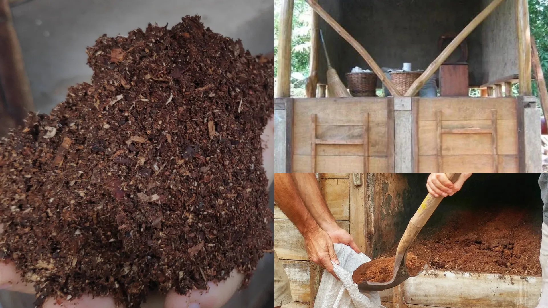 コスタリカのRancho Mastatalが紹介しているコンポストトイレ。コンポスト化槽から熟成した堆肥を取り出す様子や取り出された堆肥が写っている。