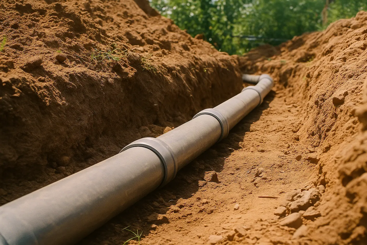 浅い地中の溝に敷設された灰色のPVCパイプを示す写真。パイプは手前から奥へ斜めに伸び、接合部が数か所見える。周囲は掘り起こされた茶色の土で覆われ、背景には緑の木々がぼんやりと見える。晴天の自然光のもとで撮影された、固形物除去型下水道の配管敷設の様子。