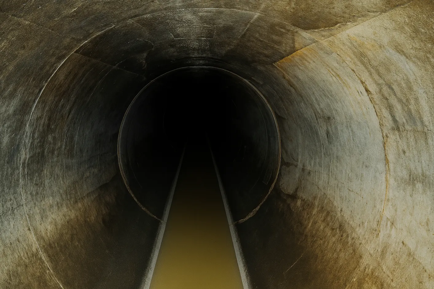 コンクリート製の円形下水道管の内部を奥まで見通した写真。管の中央には薄い黄色がかった汚水が浅く流れ、両側の縁は乾いている。奥は暗闇に続いている。