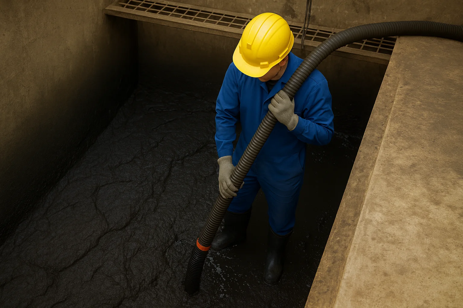 沈殿槽の内部で、作業員が汚泥をホースで吸い上げている。作業員は青い作業服に黄色いヘルメット、手袋、長靴を着用しており、沈殿槽の底には黒い汚泥が堆積している。周囲はコンクリート製の槽壁に囲まれている。