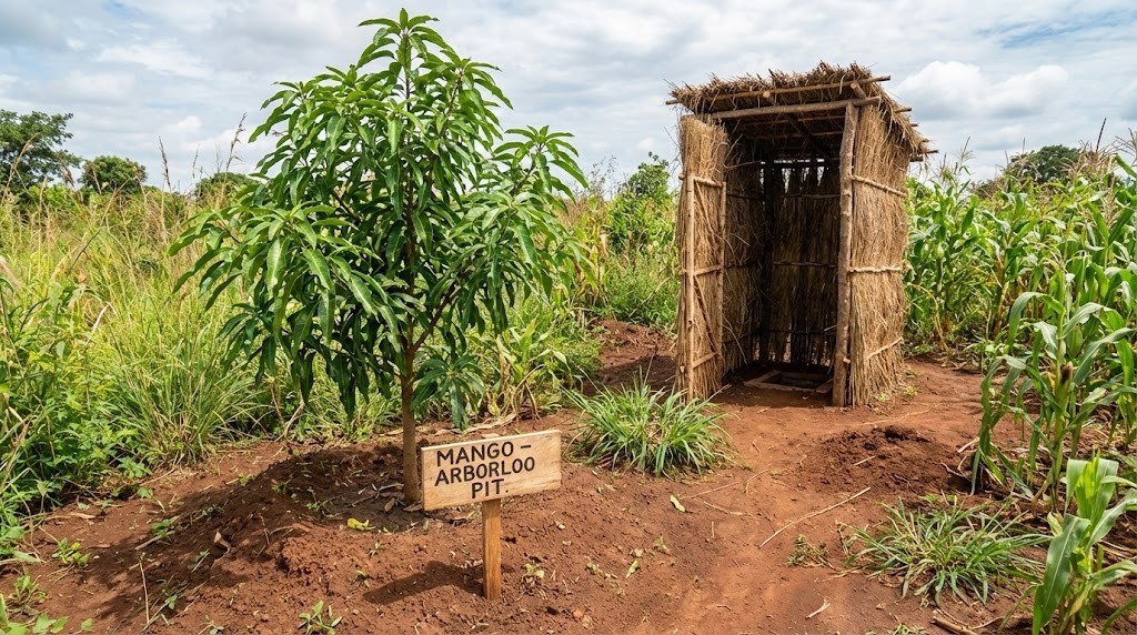 Arborloo（覆土式トイレ）の循環システムを示す風景写真です。 手前には、使用済みのトイレの穴を埋め戻した場所に植えられた、若いマンゴーの木が青々と茂っています。その木の根元には、「MANGO - ARBORLOO PIT」と記された木の看板が立てられています。マンゴーの木の右奥には、わらと木の棒で作られた新しい簡易トイレ小屋が設置されており、現在使用されていることを示唆しています。周囲は緑豊かなトウモロコシ畑や草地で囲まれ、赤土の地面が広がる農村の風景です。