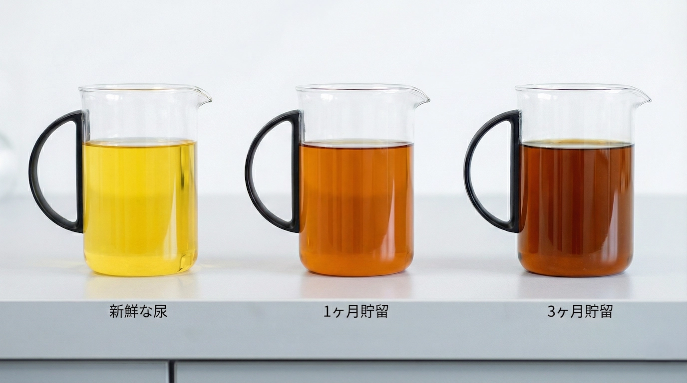 貯留期間の異なる尿が入った3つのガラス製ビーカーを比較した写真です。白い台の上に左から右へ一列に並んでおり、それぞれのビーカーの下にはラベルが貼られています。左端のビーカーは「新鮮な尿」とラベル付けされ、明るい黄色の透明な液体が入っています。中央のビーカーは「1ヶ月貯留」とラベル付けされ、オレンジ色がかった琥珀色の液体が入っています。右端のビーカーは「3ヶ月貯留」とラベル付けされ、最も濃い茶色の琥珀色の液体が入っています。この画像は、貯留期間が長くなるにつれて尿の色が濃く変化していく様子を視覚的に示しています。背景は白く、清潔な実験室のような環境です。