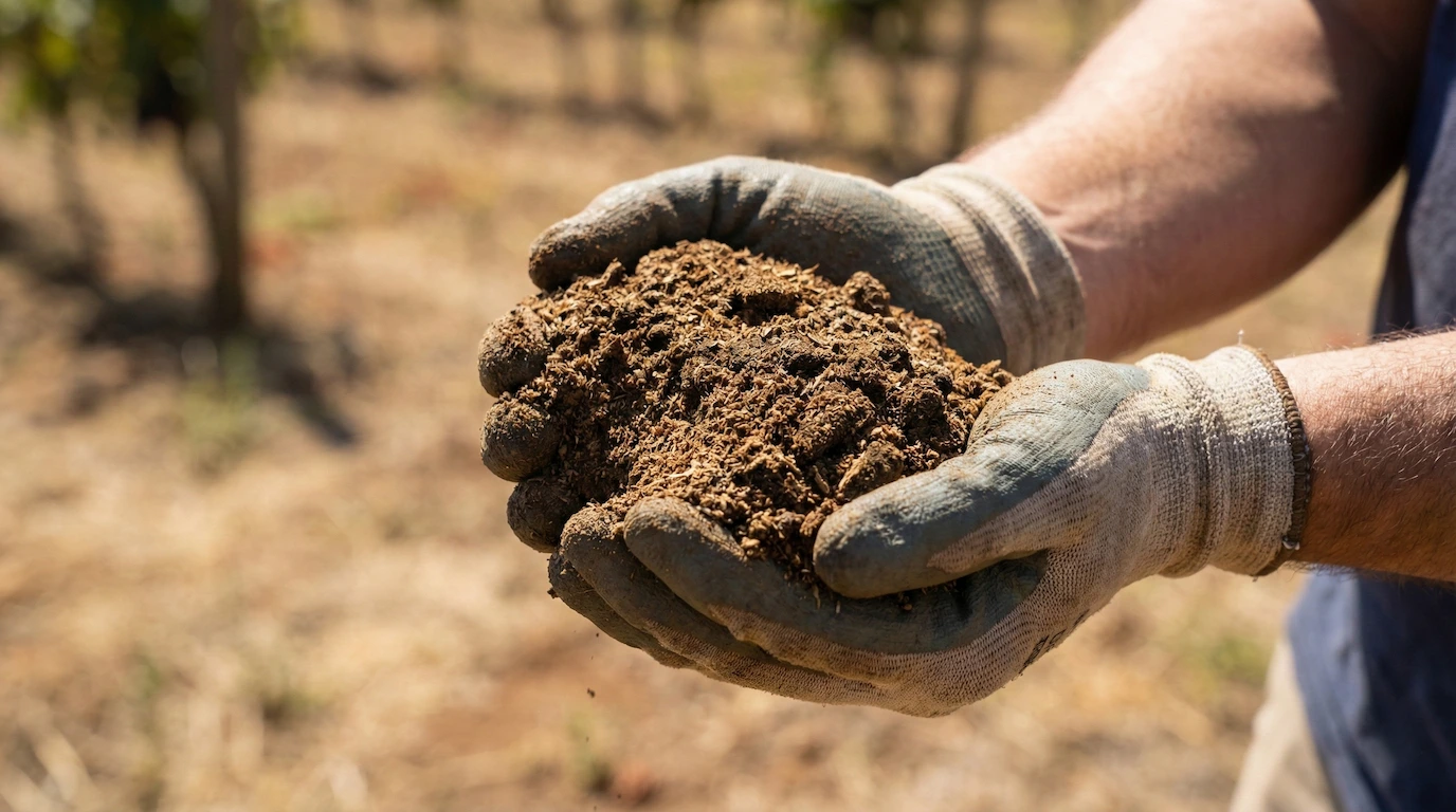 作業用手袋を着用した両手で、脱水糞便のよをすくい上げて持っているクローズアップ写真です。背景はぼやけた屋外の農地で、乾いた土と植物が見え、日光が当たっています。