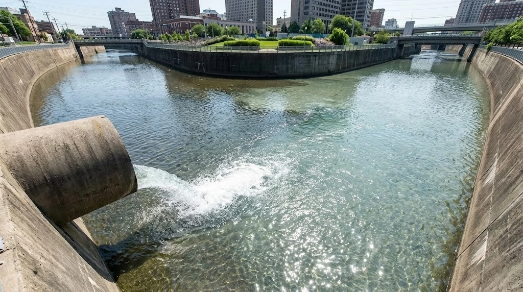 都市部のコンクリート護岸から、高度処理された清潔な水が川へと放流されている様子を描い画像です。 画面手前には、近代的な排水口から透明度の高い澄んだ水が勢いよく流れ出ています。その水は、都市の中を流れる川の水と境界線を感じさせないほど滑らかに混ざり合っており、放流された水がいかに清潔であるかを象徴しています。川面には周囲のビルや青空がキラキラと反射しており、コンクリート護岸の無機質さと、浄化された水の美しさが対比的に描かれています。