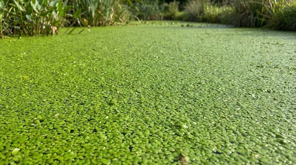排水処理を目的とした浮遊植物池の表面を、鮮やかな緑色のウキクサが隙間なく一面に覆っている様子を捉えた写真です。小さな円形の葉が水面に密集して層を成しており、その間からわずかに水面が覗いています。自然の浄化作用を利用した施設の静かな風景を表現しています。