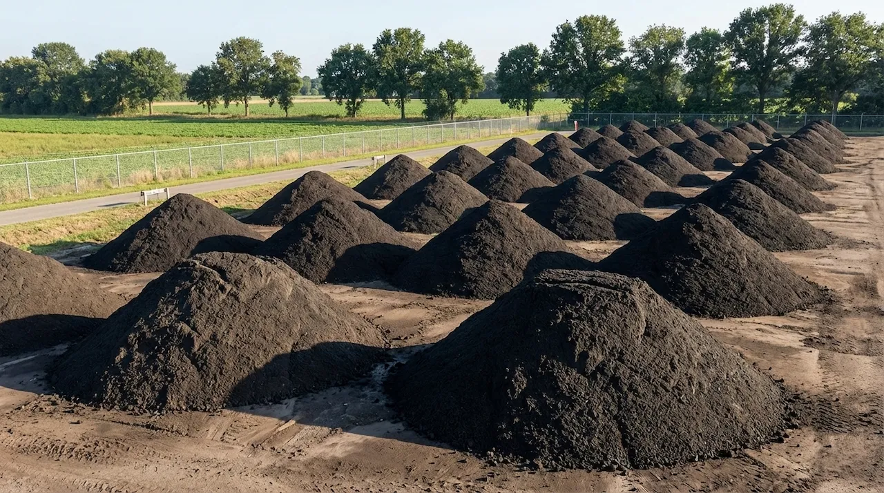 フェンスで囲まれた屋外の広大な敷地に、処理された下水汚泥（バイオソリッド）が多数の黒い円錐形の山として整然と積み上げられ、保管または処分されている様子を撮影した写真。背景には緑豊かな木々と草地が広がり、晴れた日の光が差し込んでいる。