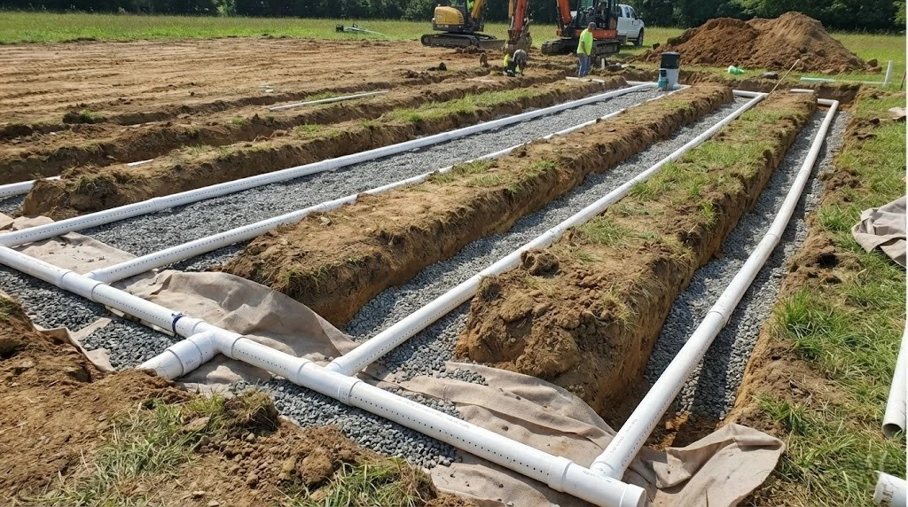 屋外の広大な敷地で、排水処理システムである「浸透野（leach field）」を建設している施工現場の写真です。地面に掘られた複数の長い溝の中に、排水を土壌に分散させるための白い有孔管（穴の開いたパイプ）が格子状に敷設されています。パイプの周囲には、目詰まりを防ぎ浸透を助けるための砕石が敷き詰められています。背景には重機や作業員が写っており、大規模な土木工事の様子を捉えています。