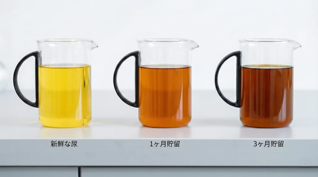 貯留期間の異なる尿が入った3つのガラス製ビーカーを比較した写真です。白い台の上に左から右へ一列に並んでおり、それぞれのビーカーの下にはラベルが貼られています。左端のビーカーは「新鮮な尿」とラベル付けされ、明るい黄色の透明な液体が入っています。中央のビーカーは「1ヶ月貯留」とラベル付けされ、オレンジ色がかった琥珀色の液体が入っています。右端のビーカーは「3ヶ月貯留」とラベル付けされ、最も濃い茶色の琥珀色の液体が入っています。この画像は、貯留期間が長くなるにつれて尿の色が濃く変化していく様子を視覚的に示しています。背景は白く、清潔な実験室のような環境です。