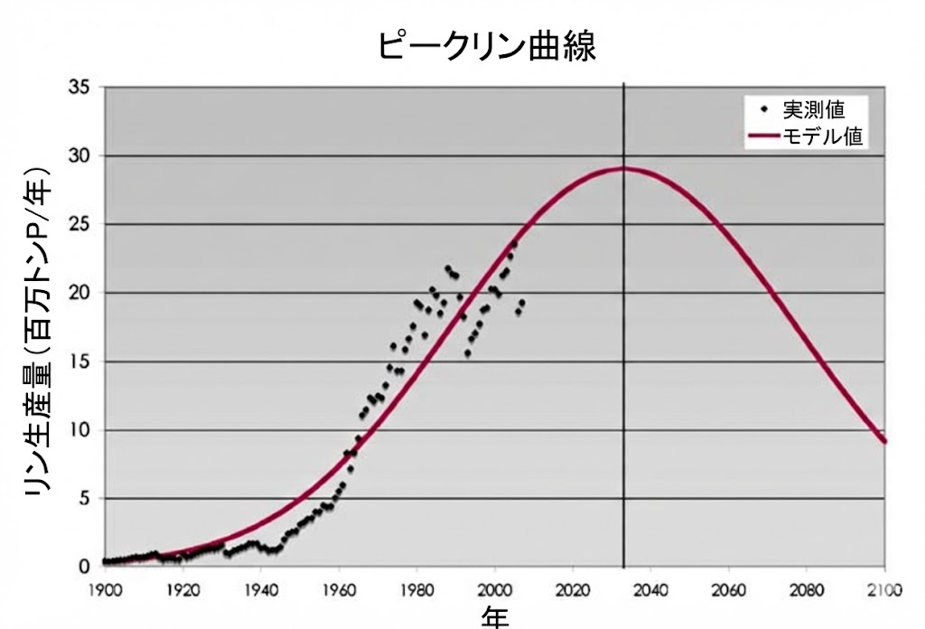 目安としてのピークリン曲線。石油と同様に、世界のリン資源量もピークを迎え、その後は生産量が大幅に減少する可能性が高いことを示している。