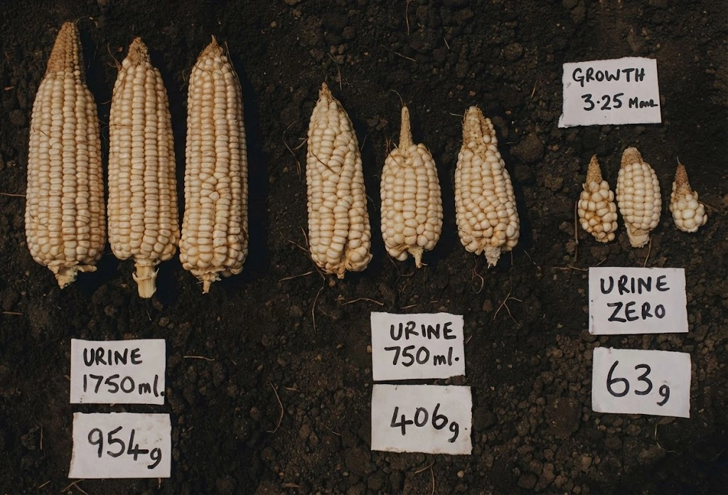 尿を肥料として使用したトウモロコシの栽培試験。尿の施用量は750mlと1750ml。生育期間は3.25ヶ月。ジンバブエにて。(出典:Aquamor)