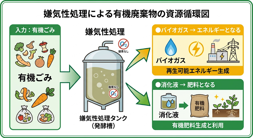 有機ごみ → 嫌気性処理：
●バイオガス → エネルギーとなる
●消化液 → 肥料となる 